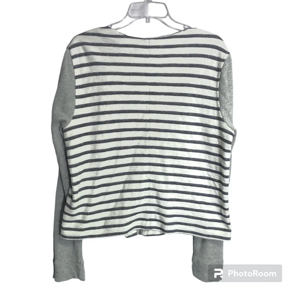 LOU & GREY Anthropologie Moto Jacket Grey & White Stripes Assymetrical Zip sz L - Picture 3 of 13